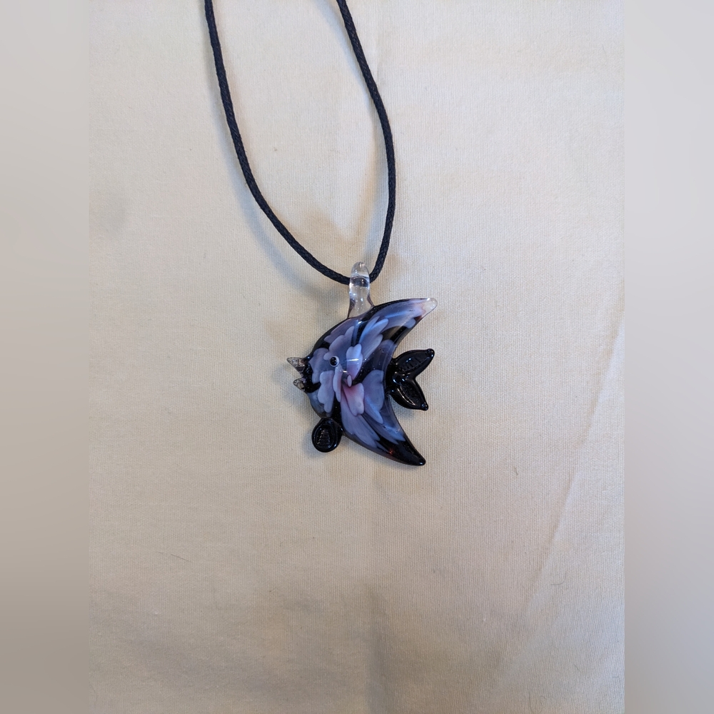Handcrafted Glass Fish Pendant Necklace | Black Cord | Ocean Beach Jewelry T5B8H
